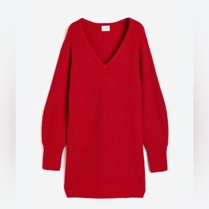 H&M Red V-Neck Sweater Dress Long Sleeve Knit Mini NWT Size S